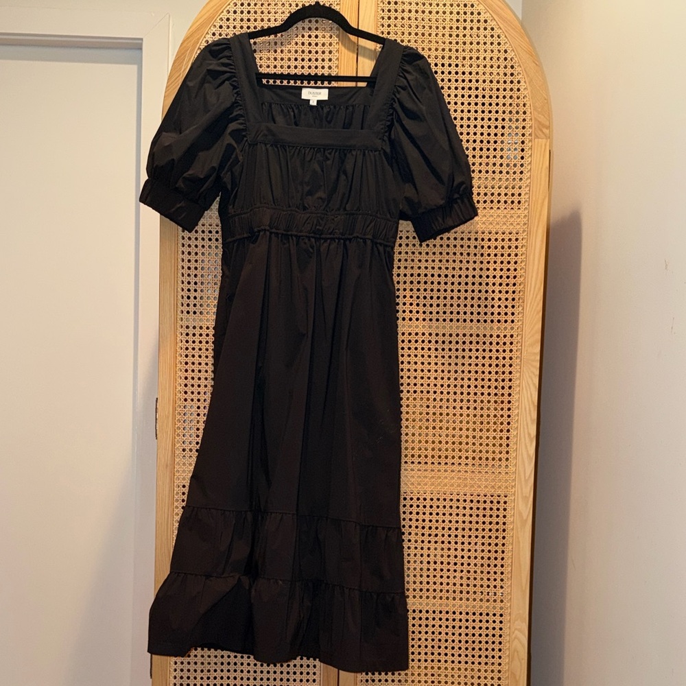 Duster Black Square-Neck Maxi Dress with Puff Sleeves, Tiered Skirt, Pockets